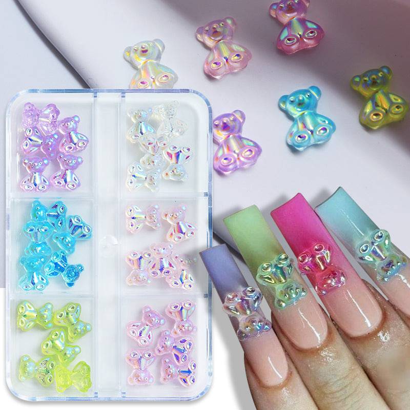 6Pcs 3D Cute Bear Resin Nail Art Decorations Aurora Rhinestone For Nails  Glitter Jelly Ornaments Diy Uv Gel Manicure Accessories