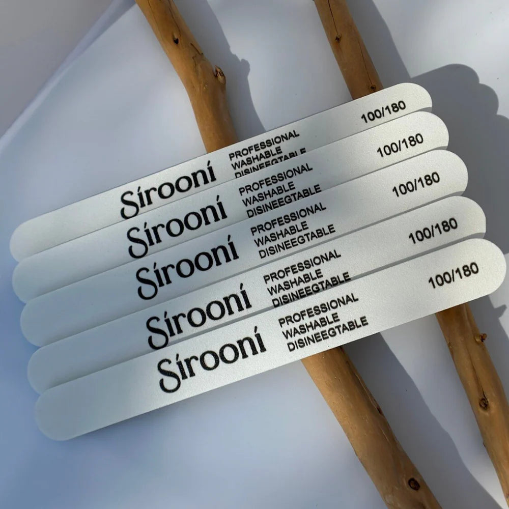 Set of 25 Sirooni professional white nail files with rounded edges, 100/180 grit, ideal for smoothing and shaping nails.
