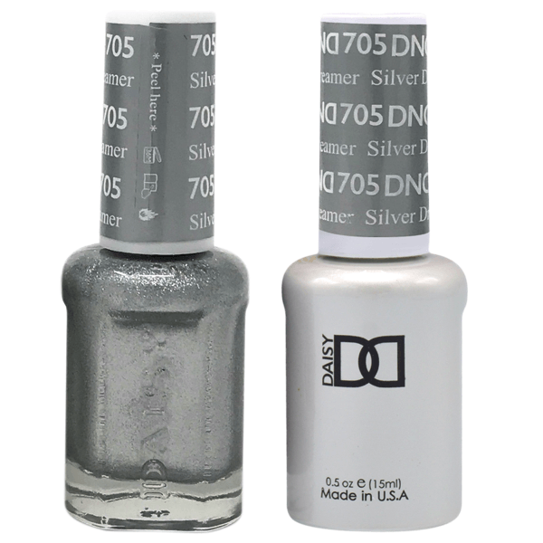 DND Daisy Gel Duo Silver Dreamer #705 featuring a silver gel nail polish and lacquer in a sleek packaging.