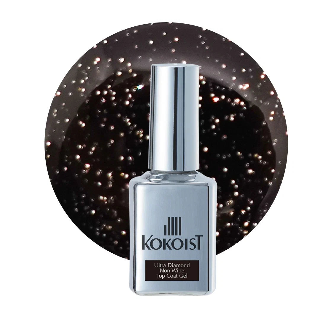 Kokoist USA Ultra Diamond Non Wipe Top Coat Gel in 15ml bottle, glossy finish for durable nail top coating.