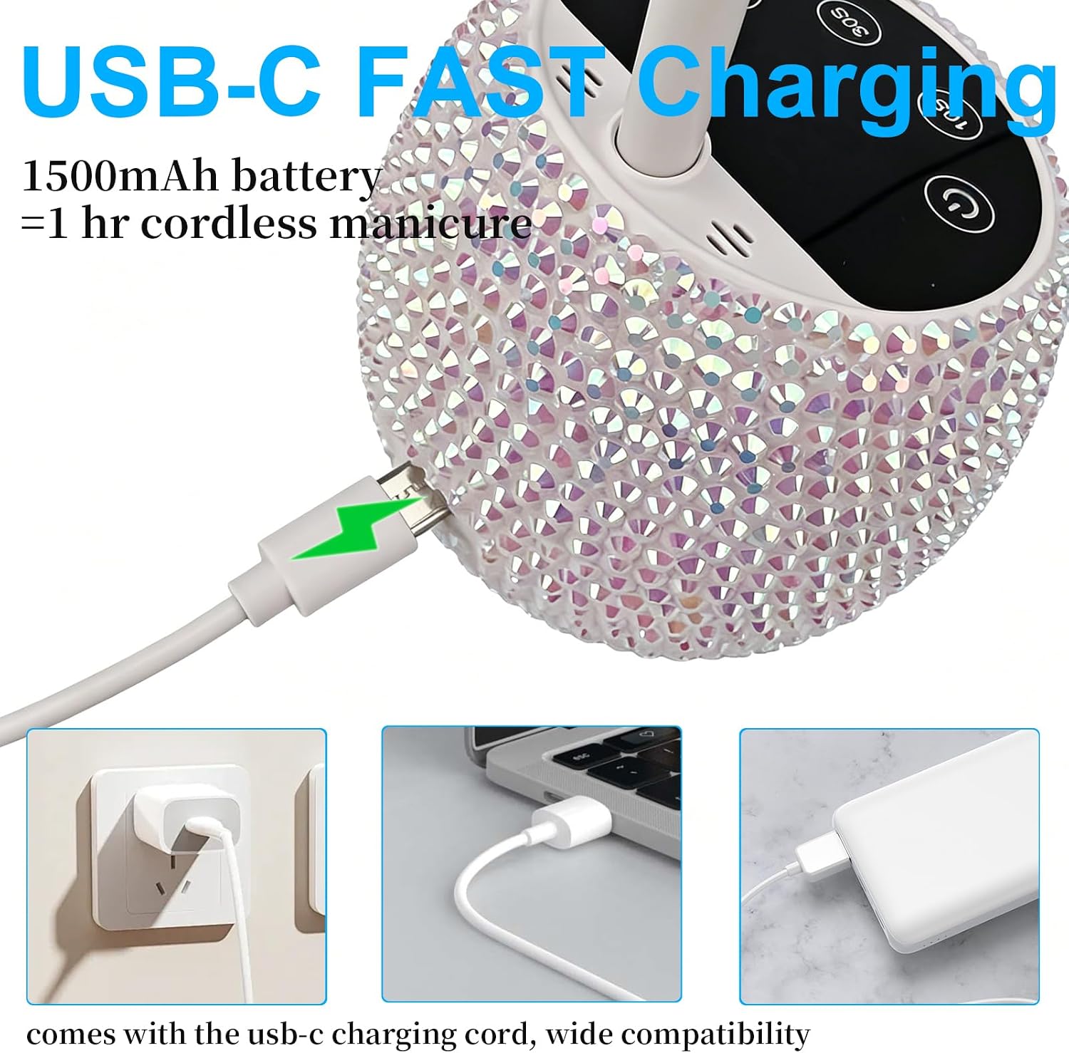 UNS UV flexible LED nail glitter lamp with digital timer for nail drills, shown on a white background