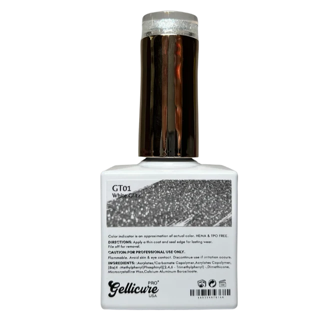 Gellicure Pro No Wipe Glitter Top Coat HEMA & TPO FREE 0.5oz - White Glitz #GT01