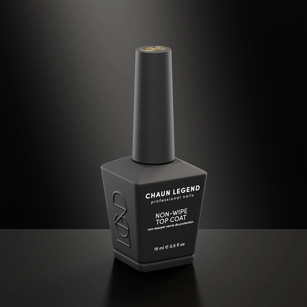 Chaun Legend Non-Wipe Top Coat bottle, 15mL, professional nail product for glossy, durable nail finishes