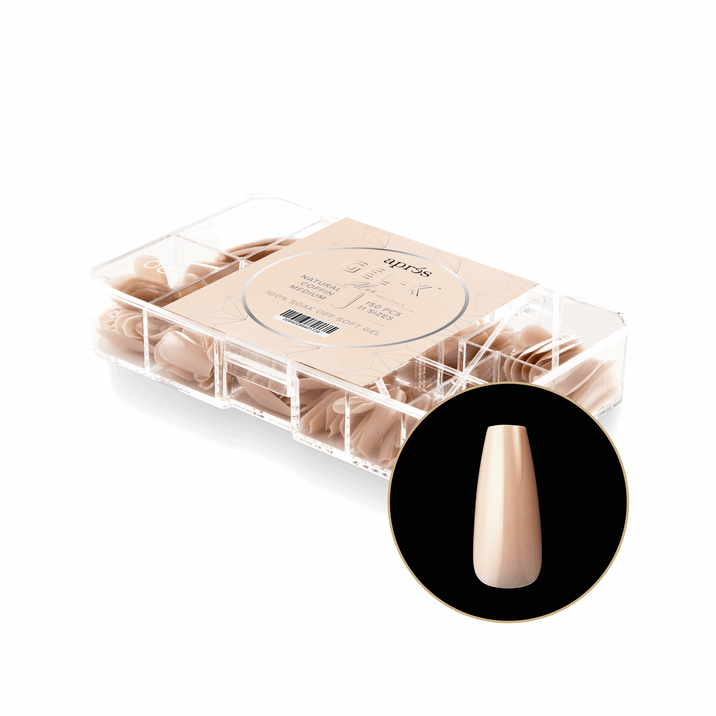 Aprés Gel-X - Neutrals Alex Natural Coffin Medium Box of Tips 150pcs -11 Sizes - Universal Nail Supplies