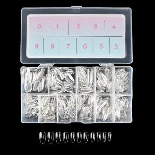 Set of 550 short almond-shaped Orly GELFX Builder Tips from the Orly Gel Collection Sets, displayed in a box.