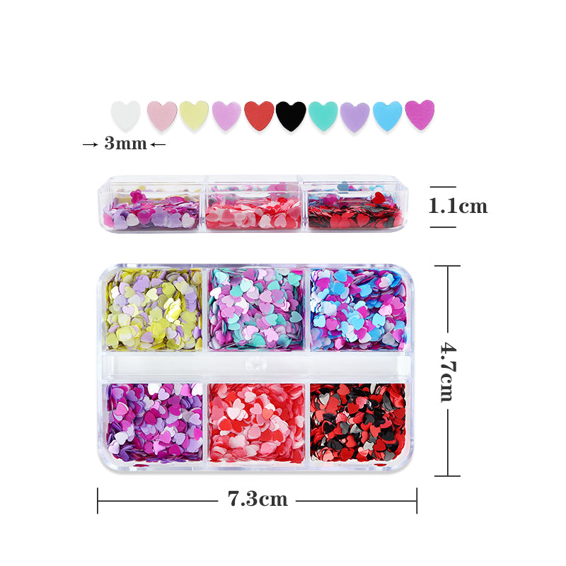 Mixed Love Heart Valentines Decoration Black Red Glitter Flakes 6 Grids - Universal Nail Supplies