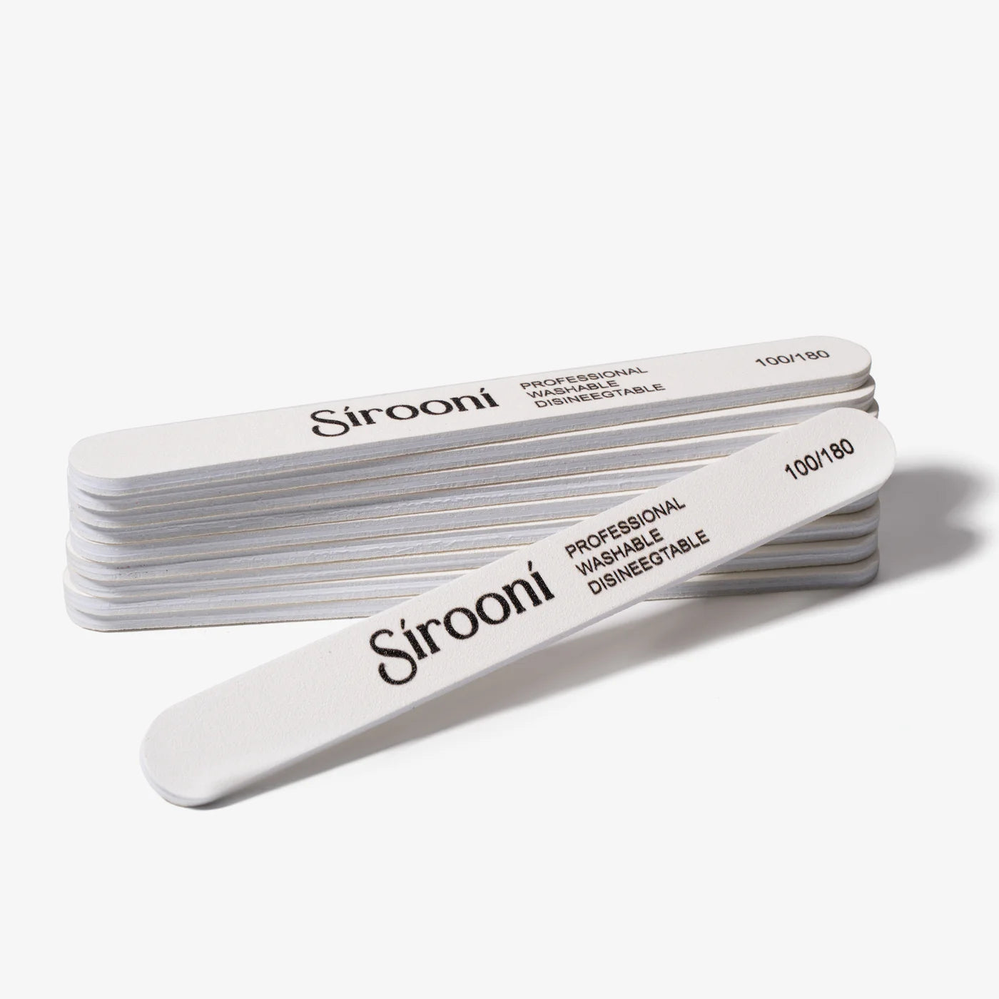 Set of 25 white Sirooni nail files with 100/180 grit, rounded edges, used for shaping and smoothing nails in professional nail care.