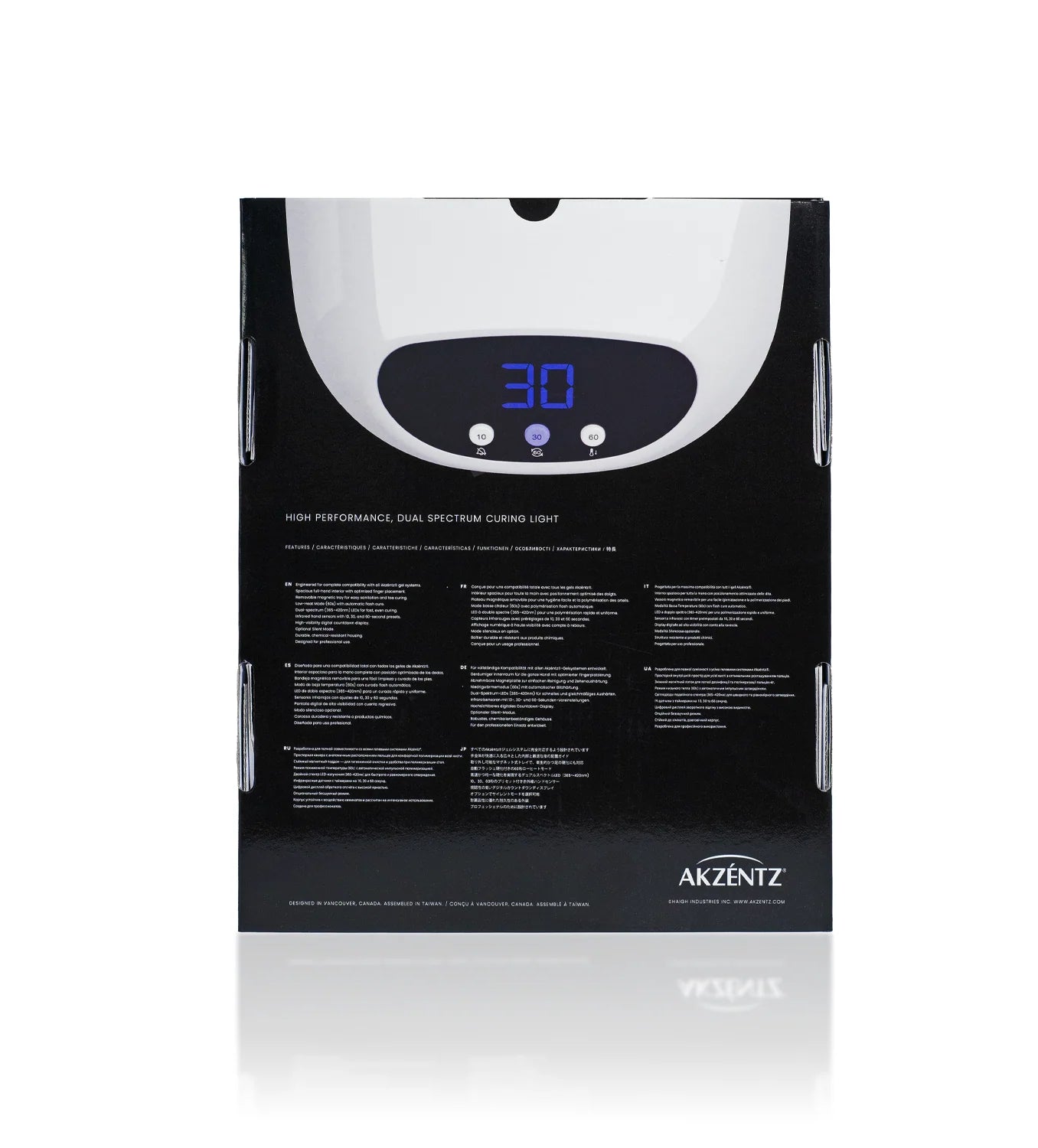 Luxio Akzentz Hybrid Pro 2.0 Smart Light box showing the packaging rear of the Luxio gel polish product.
