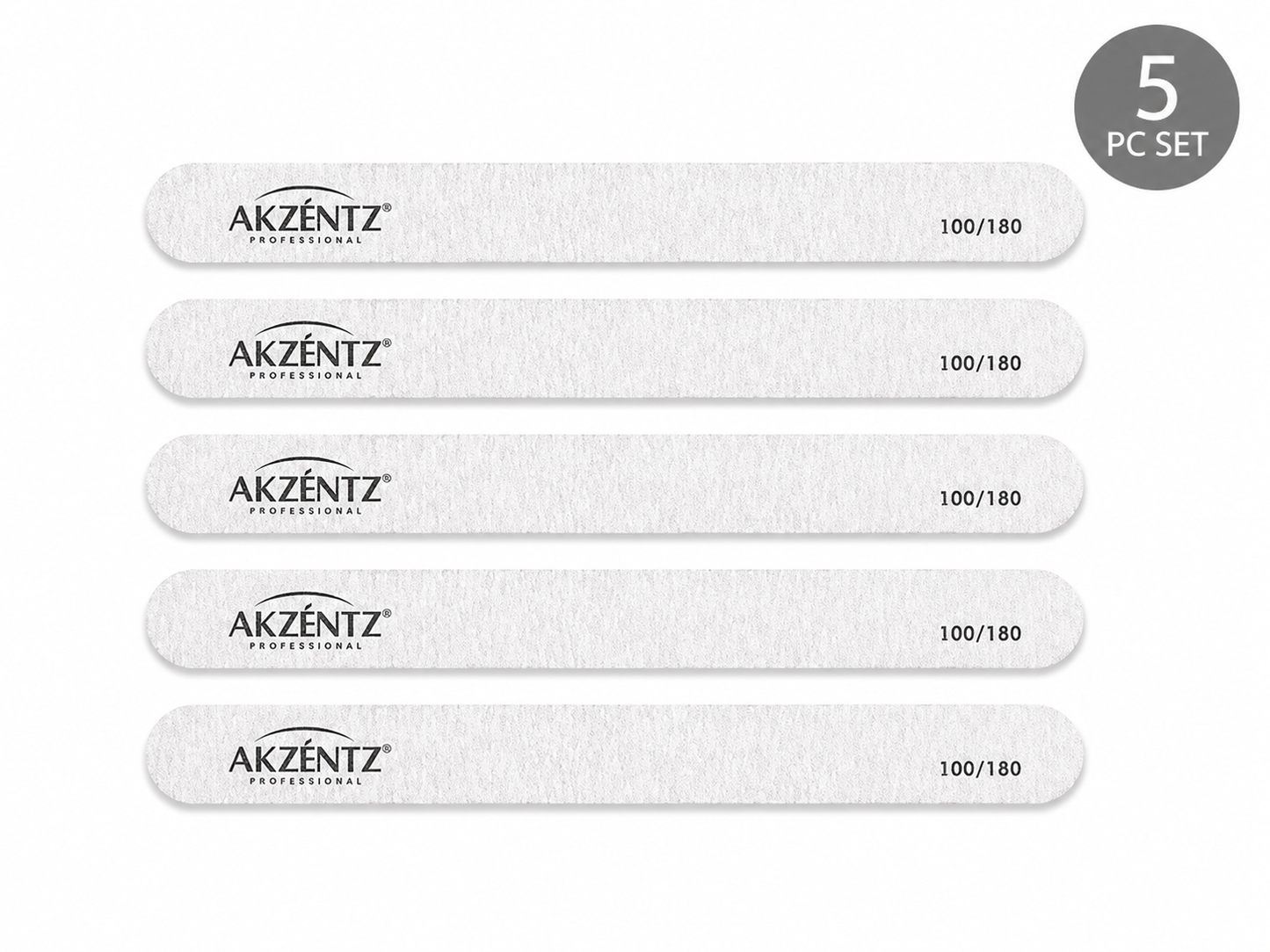 Luxio Akzéntz Zebra Classic nail files, 5-pack with 100/180 grit, ideal for professional nail shaping and grooming.