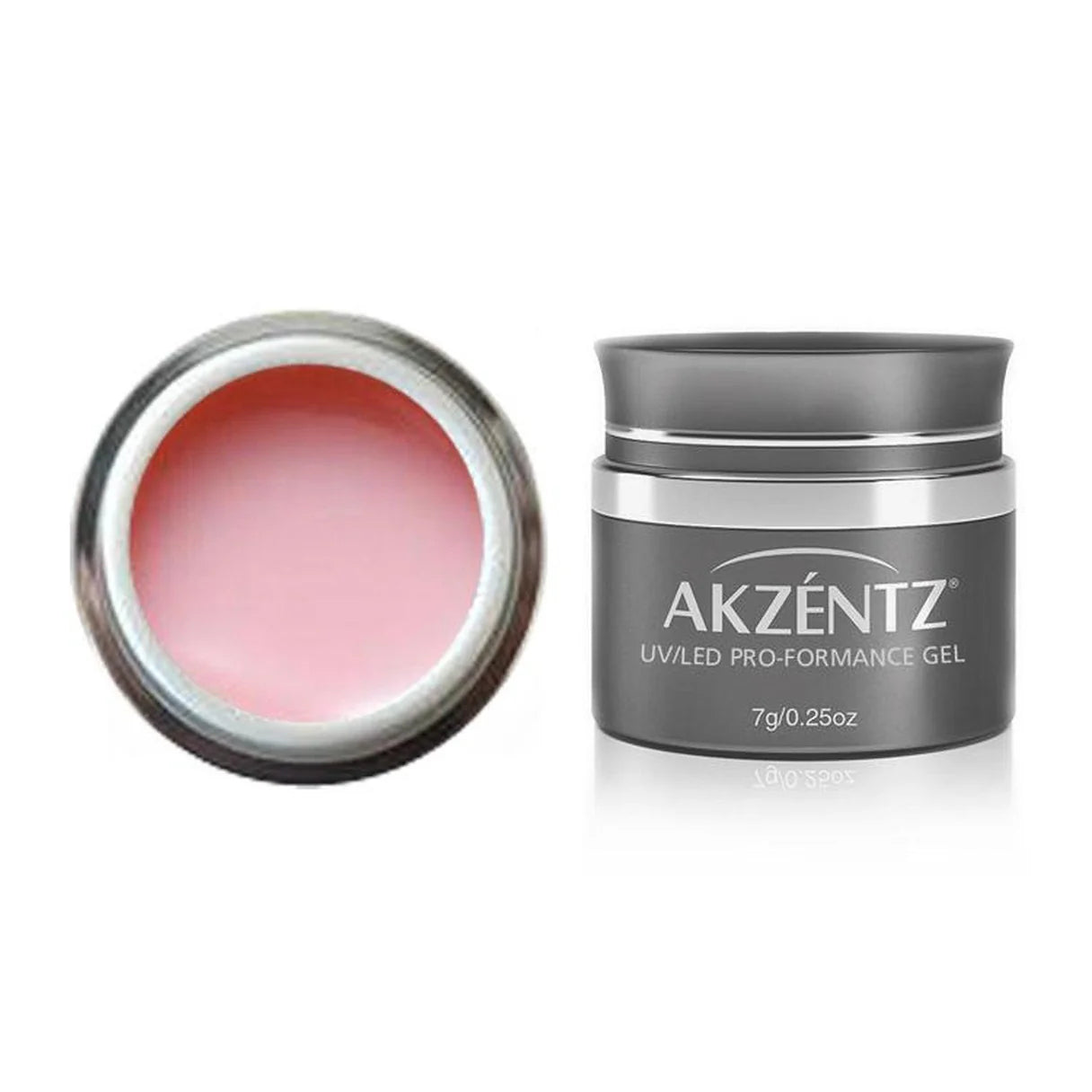 Luxio Akzéntz Pro-Formance Enhance Pink acrylic nails and tips in 1.6oz container, showcasing glossy pink nail enhancements.