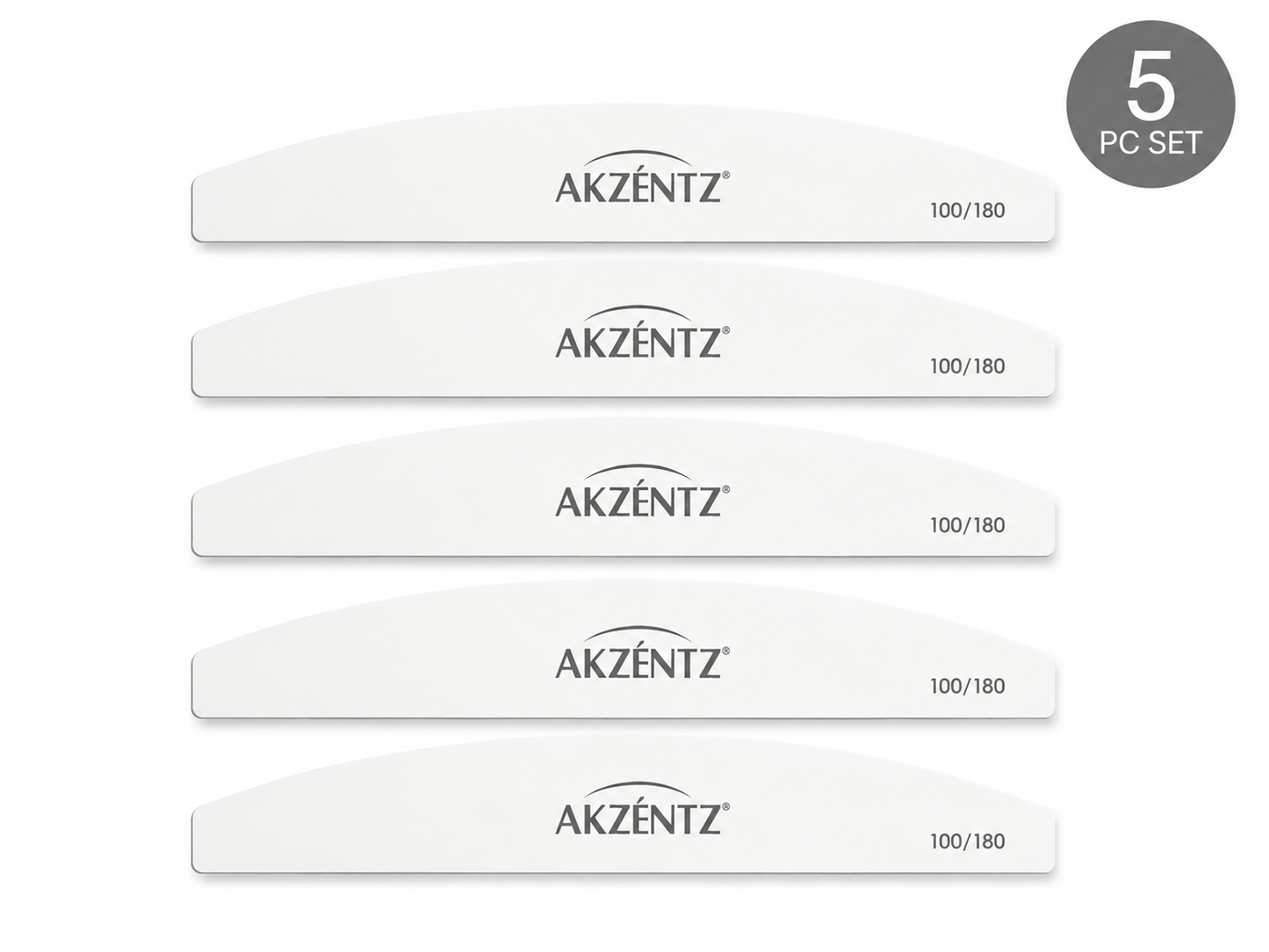 Luxio Akzéntz Signature White Curved Files 100/180, set of 5 for professional nail filing and shaping.