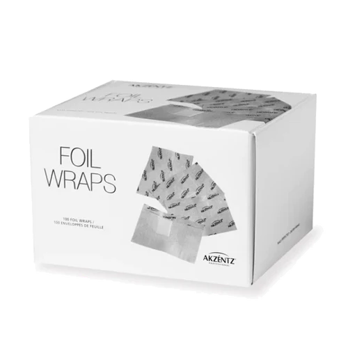 Luxio Akzéntz Soak-Off Foil Wraps for Luxio nail treatments, shown in a box with foil wraps for nail enhancement and removal.