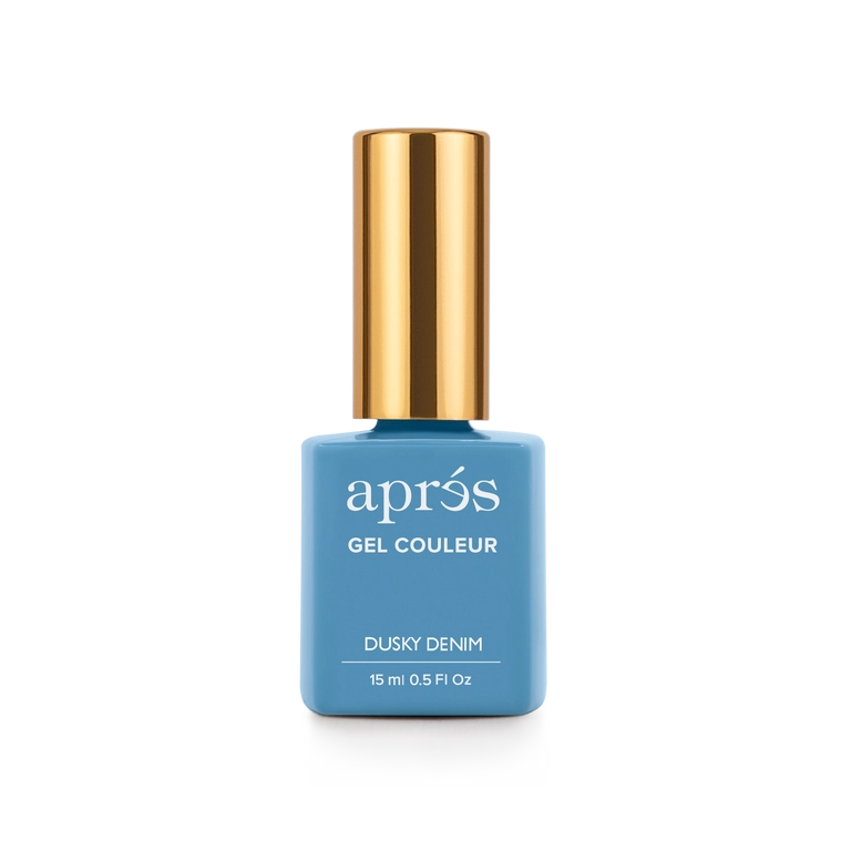 Aprés Nail Aprés Gel Color Polish in Dusky Denim shade, showcasing a glossy deep blue gel polish on a nail.