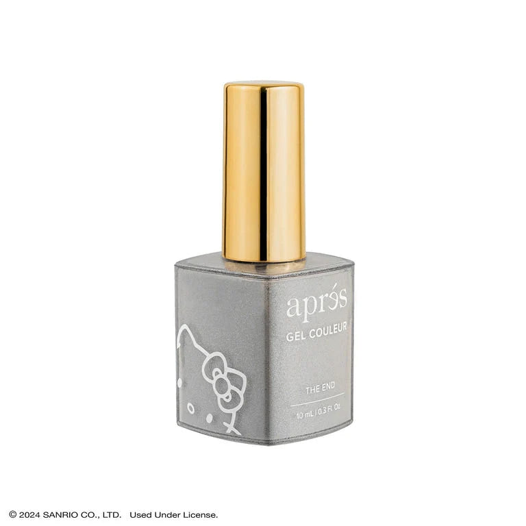 Aprés Nail Aprés Gel Color Polish Hello Kitty Flash Glitter in The End with shimmering pink and glitter accents, displayed on a nail swatch