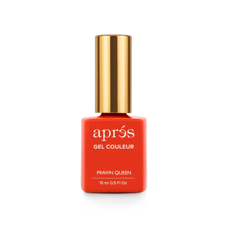 Aprés Nail Aprés Gel Color Polish in Prawn Queen shade, featuring a vibrant coral-pink gel nail polish on natural nails.