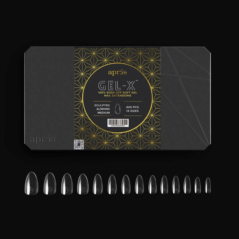 Medium sculpted almond Gel-X nail extensions by Aprés Nail in a natural gel system, shown in the SAM_3.webp image.