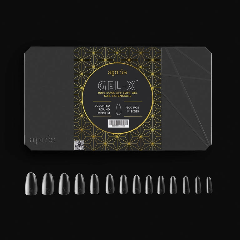 Aprés Nail Gel-X Extensions Sculpted Round Medium V2 gel system with natural-looking, sculpted round nail tips, shown in the image.