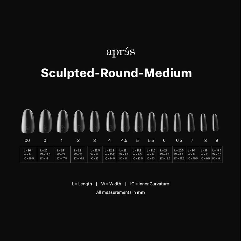 Aprés Nail Gel-X Extensions Sculpted Round Medium V2 on natural nails, showcasing smooth, shaped gel extensions in a professional salon setting.