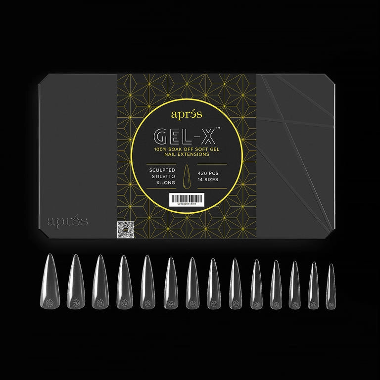 Aprés Nail Gel-X Extensions in sculpted stiletto shape, extra long, 420-piece gel system for professional nail enhancements.