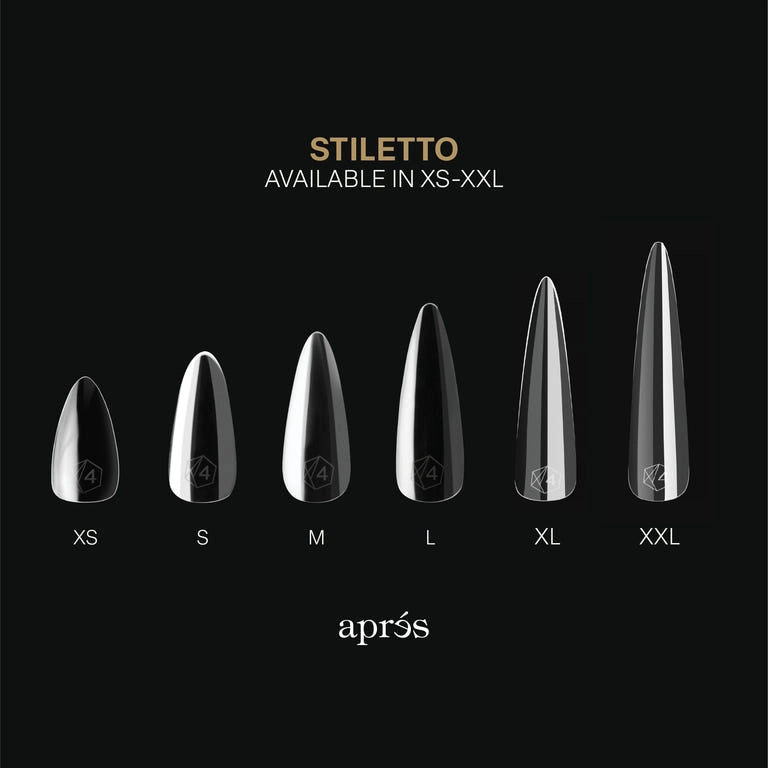 Aprés Nail Gel-X Extensions in stiletto shape, extra long length, sculpted tips, 420-piece gel system for professional nail art.