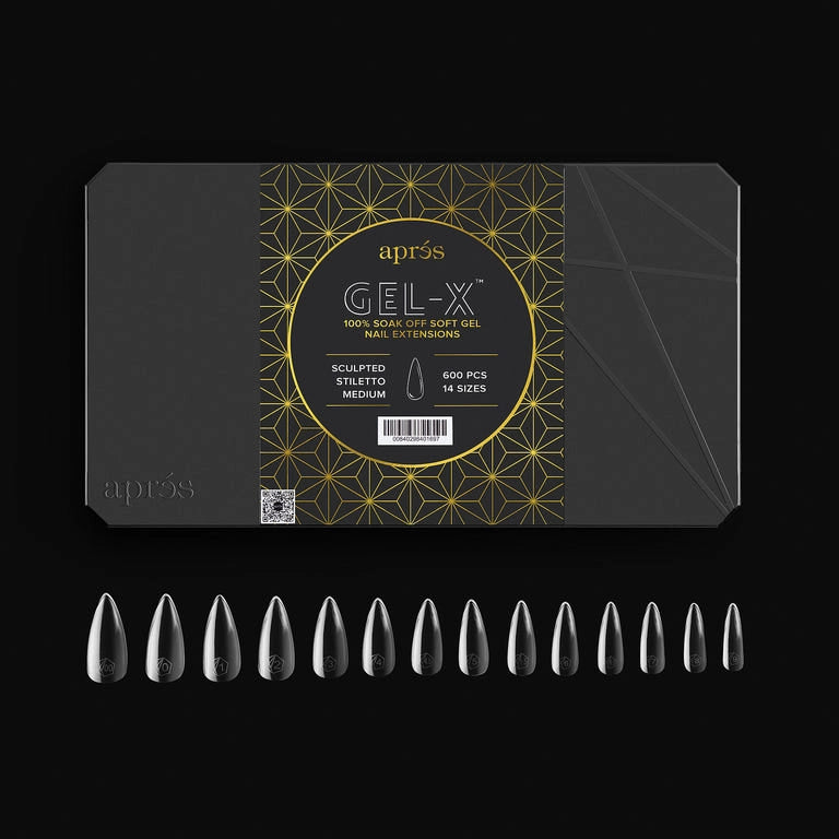 Aprés Nail Gel-X Extensions in sculpted stiletto medium pro style, 600-piece set, featuring natural-looking nail extensions.