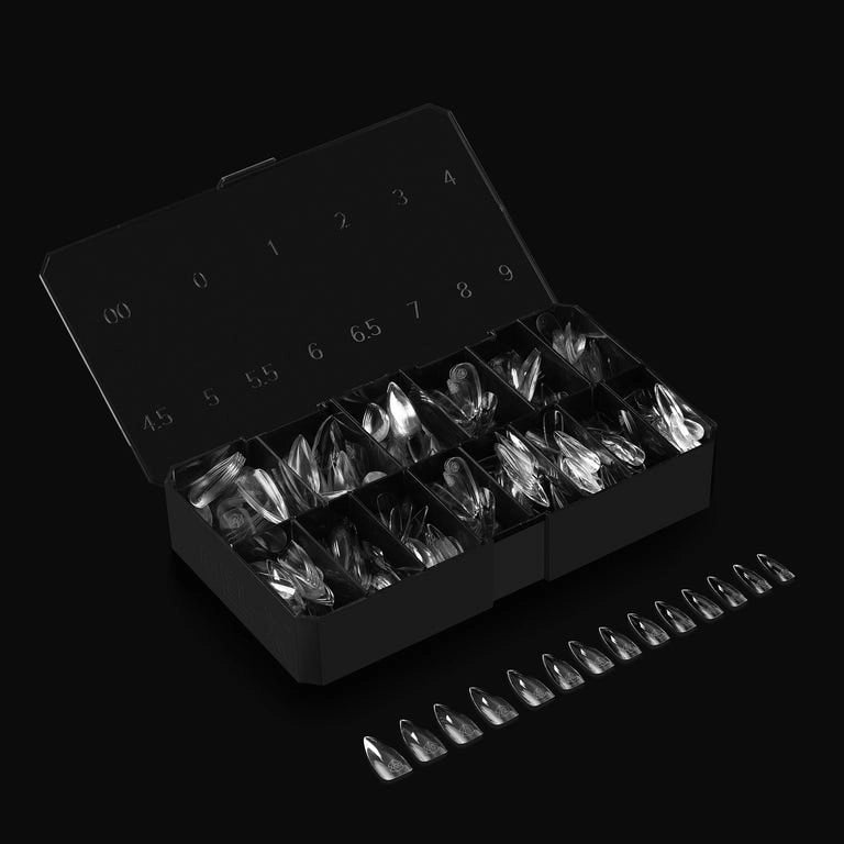 Aprés Nail Gel-X Extensions, medium sculpted stiletto shape, 600-piece Gel System for long-lasting manicures.