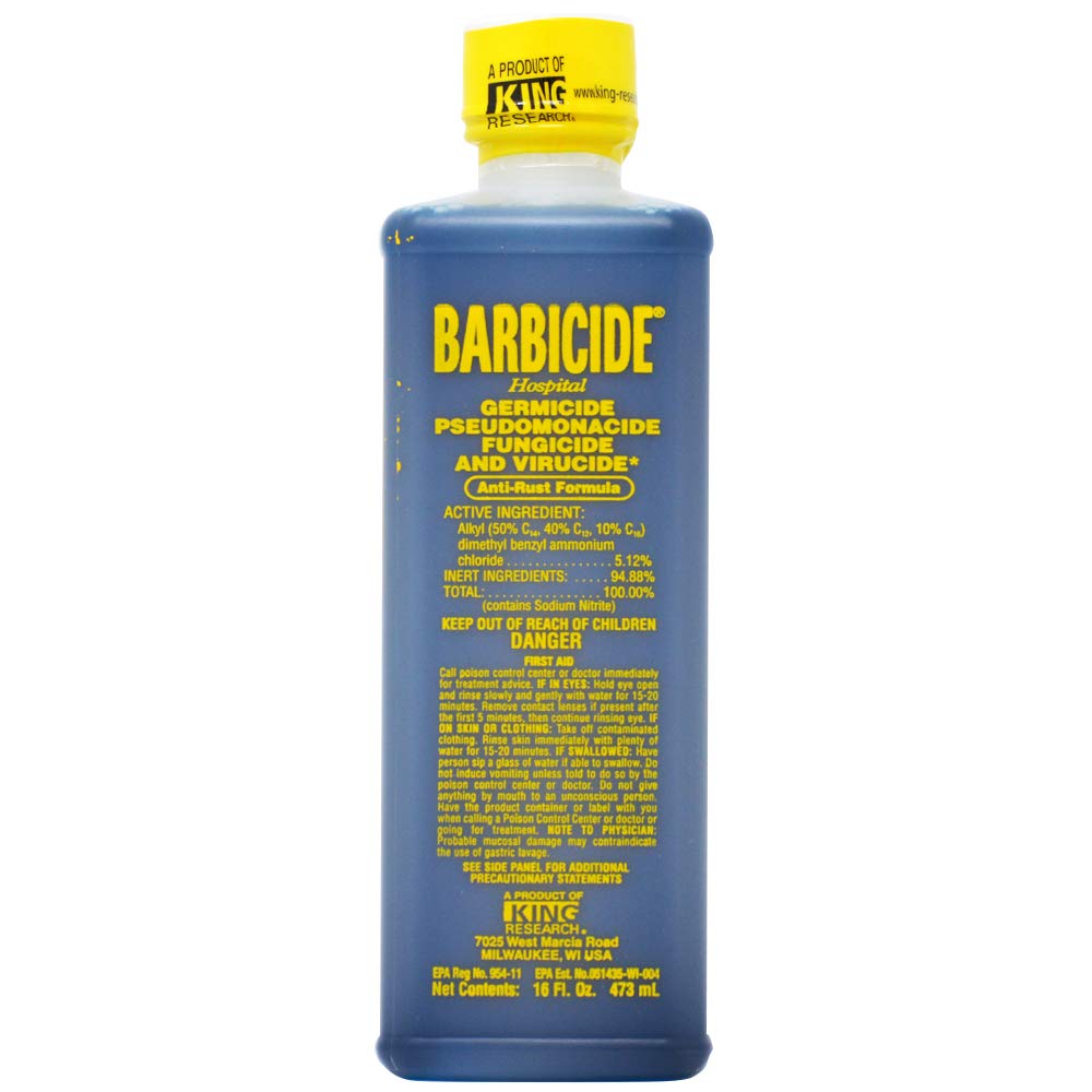 Barbicide Disinfectant 16 oz. bottle for nail care, with a clear plastic container and blue cap, used for sanitizing tools.