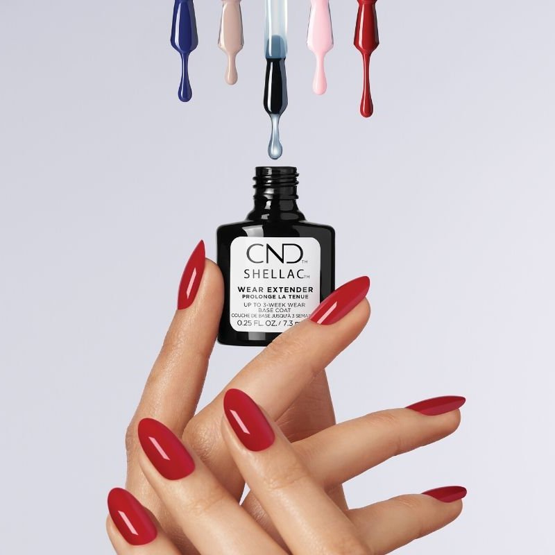 Creative Nail Design Shellac Wear Extender Base Coat for gel nails, 0.42 oz bottle, easy to apply and long-lasting.