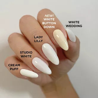 Creative Nail Design Shellac gel nail polish in white wedding color, showcasing a smooth, glossy white finish on nails.
