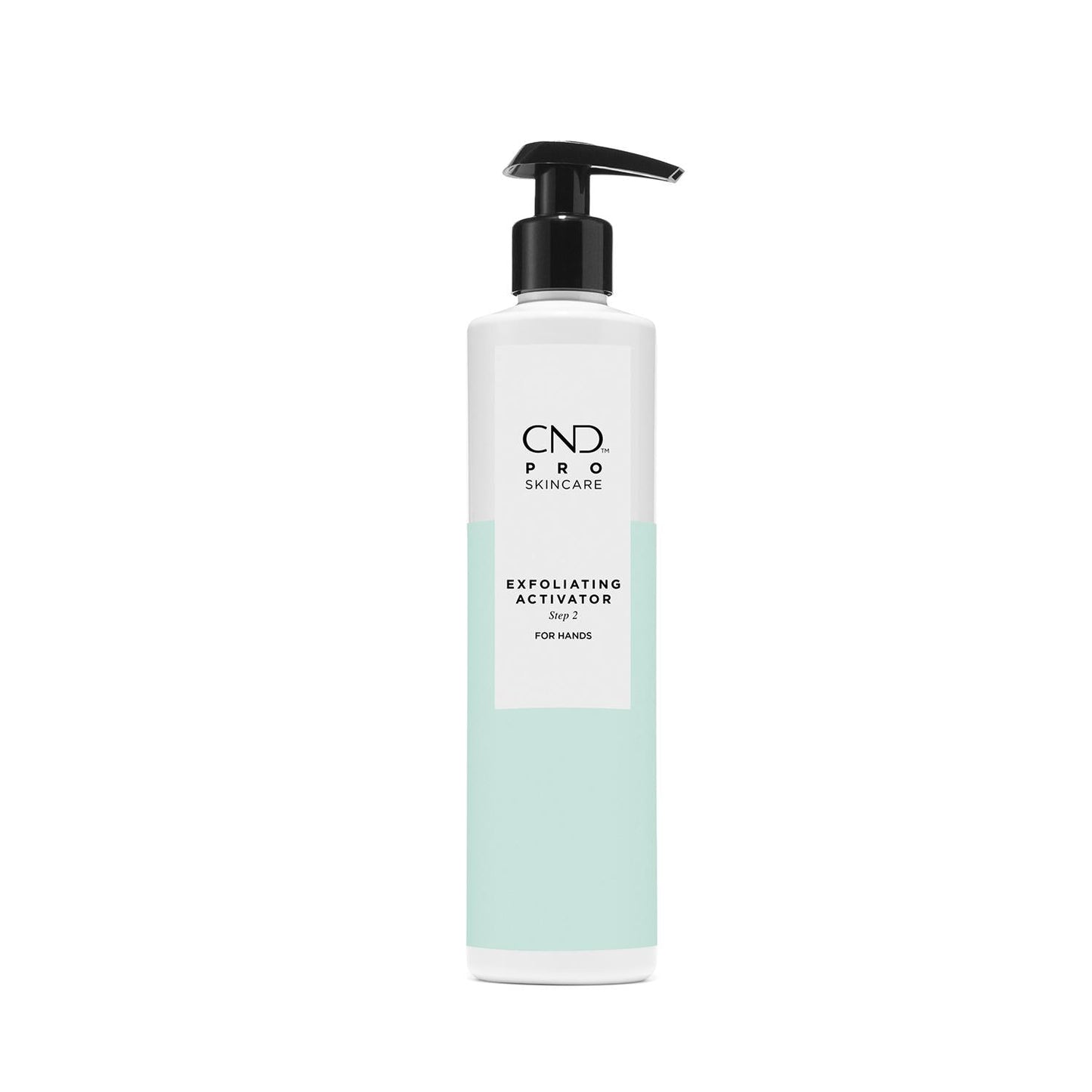 CND Pro Skincare Exfoliating Activator for hands in a clear bottle with pump, designed for gentle skin exfoliation.