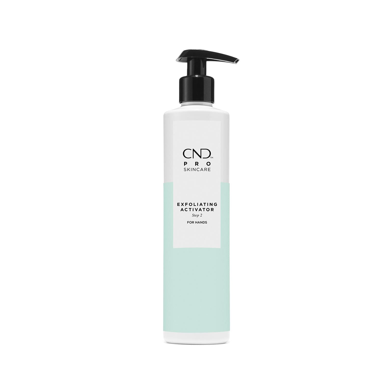 CND Pro Skincare Exfoliating Activator for hands in a clear bottle with pump, designed for gentle skin exfoliation.