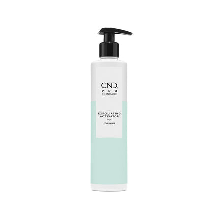 CND Pro Skincare Exfoliating Activator for hands in a clear bottle with pump, designed for gentle skin exfoliation.