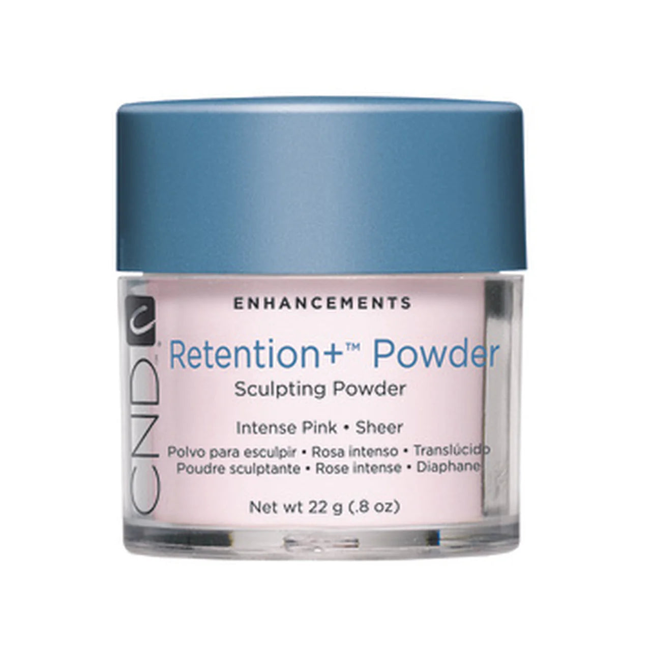 CND Retention + Sculpting Powder in Intense Pink Sheer for acrylic nails, shown in a .8oz container with pink powder.