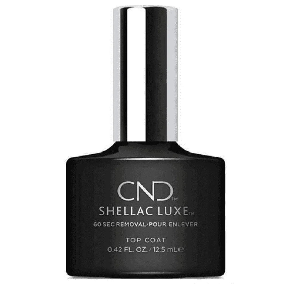 Creative Nail Design Shellac Luxe Top Coat on a nail, showing its glossy gel finish in a 0.42 fl oz bottle.