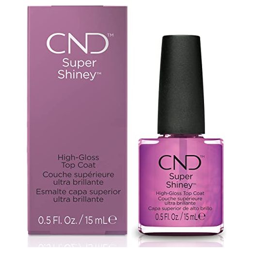 CND Super Shiney high-gloss top coat nail polish bottle with clear label, 0.5 oz, for a shiny, protective nail finish