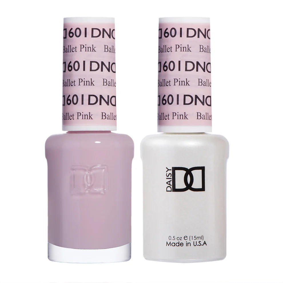 DND Daisy Gel Duo Ballet Pink #601 featuring gel nail polish and lacquer in a soft pink shade, with a close-up of the product bottles.