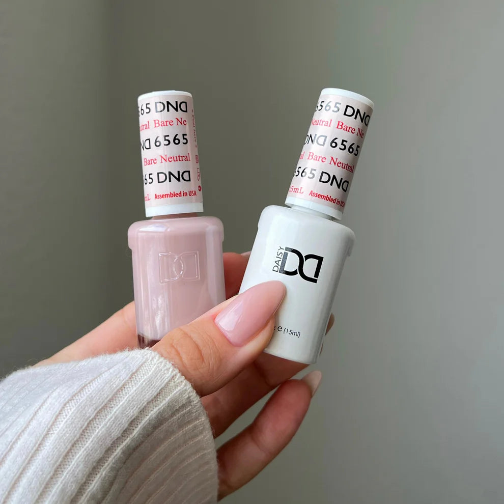 DND Daisy Gel Duo Bare Neutral #2345 showing two gel nail polish bottles and a swatch of the neutral beige color.