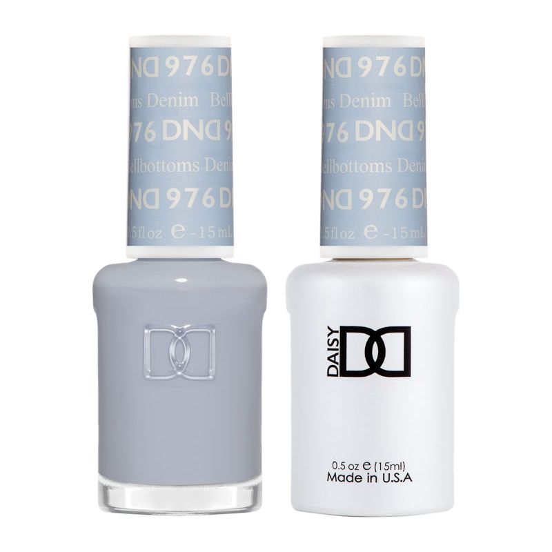 DND Daisy Gel Duo Bellbottoms Denim gel nail polish and lacquer set in a denim-inspired color, displayed in the image.