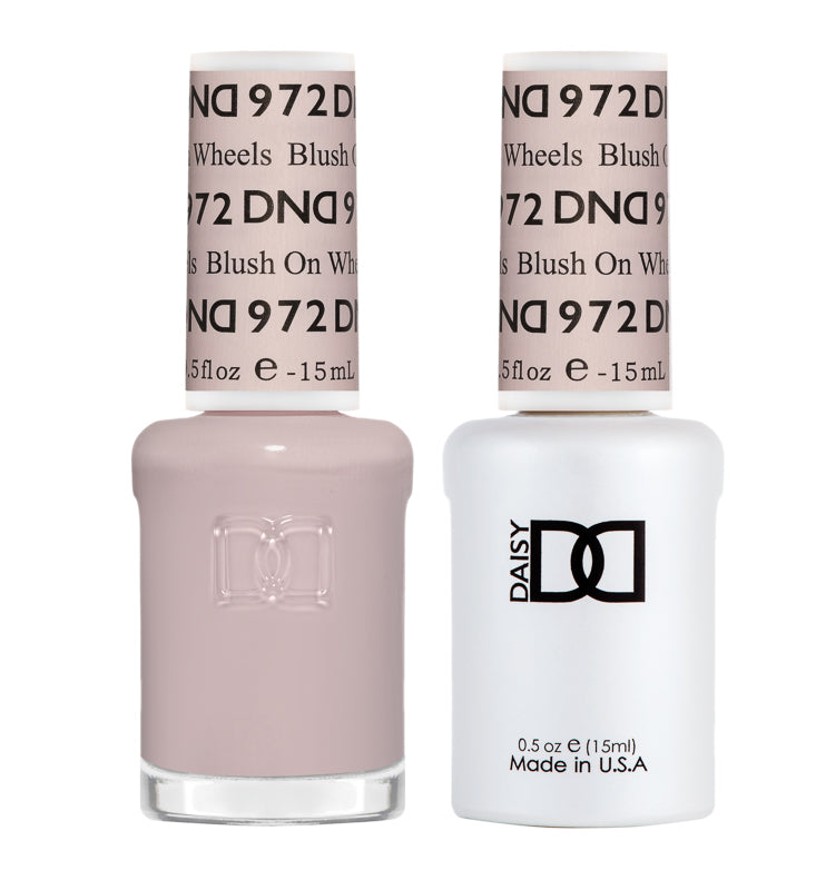 DND Daisy Gel Duo Blush on Wheels #972 featuring vibrant pink gel nail polish and matching lacquer in a sleek bottle
