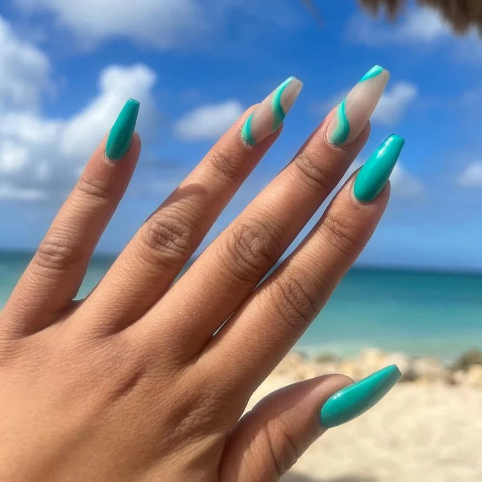 DND Daisy Gel Duo Caribbean Sea #666 featuring vibrant blue gel nail polish and lacquer with floral accents on a white background