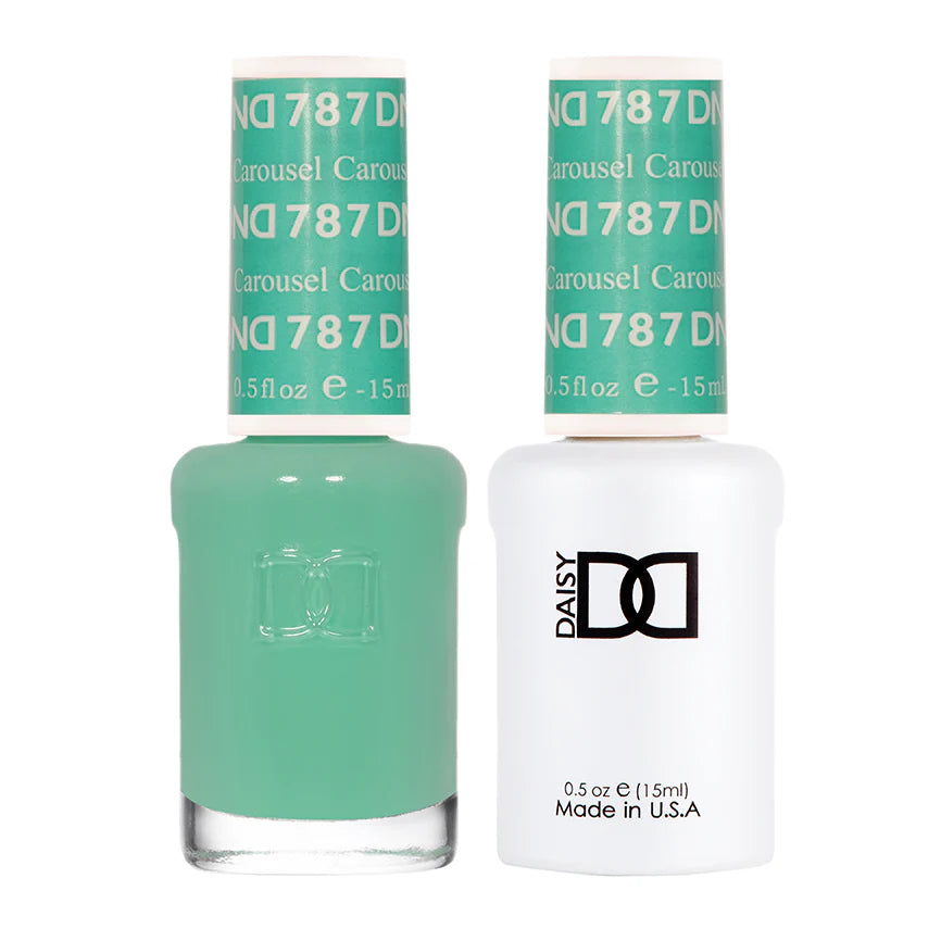 DND Daisy Gel Duo Carousel #787 featuring a close-up of the gel nail polish and lacquer bottles with colorful floral designs