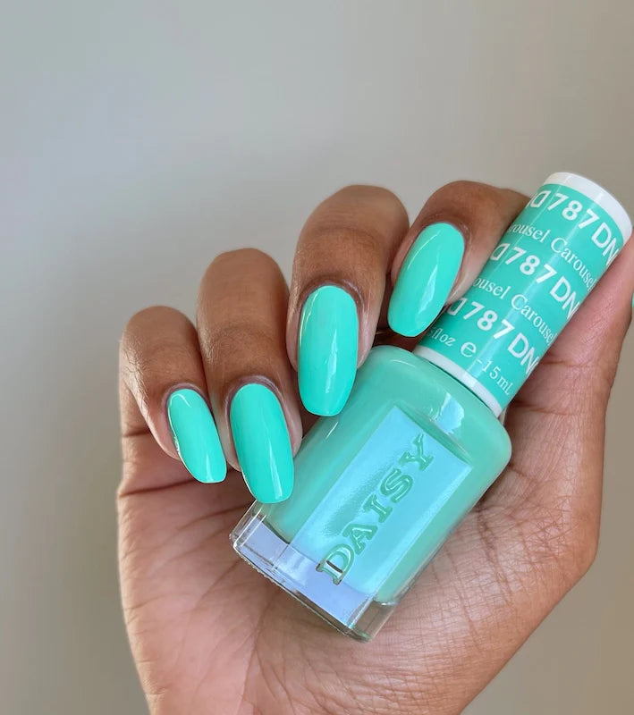 DND Daisy Gel Duo Carousel #787 featuring vibrant gel nail polish and lacquer with floral Daisy design on the bottles.