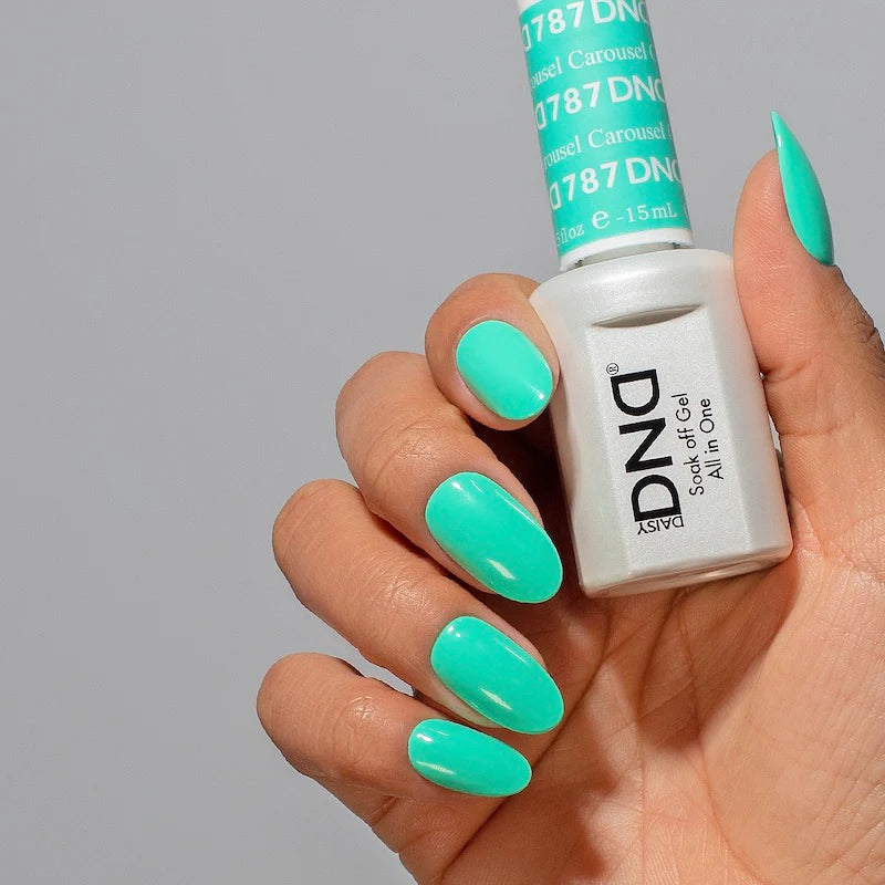 DND Daisy Gel Duo Carousel #787 featuring vibrant gel nail polish and lacquer bottles with colorful floral designs