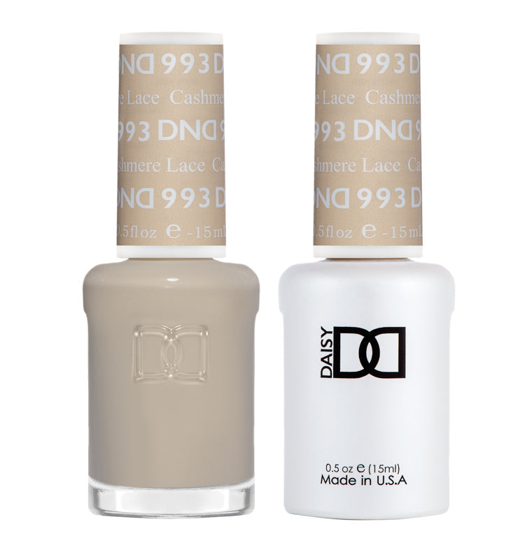 DND Daisy Gel Duo in Cashmere Lace #993 showing two gel nail polishes with pastel pink and nude shades, glossy finish.