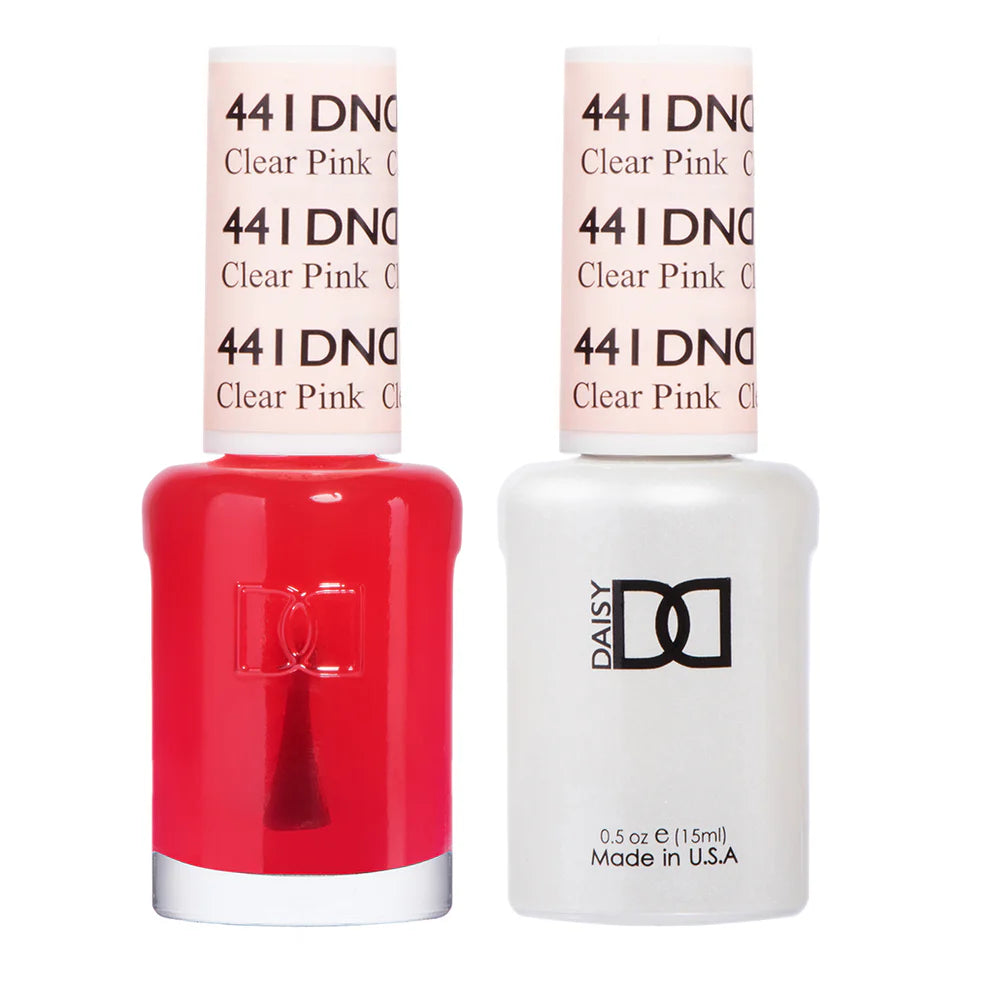 DND Daisy Gel Duo featuring clear pink #441 gel nail polish and lacquer in sleek packaging with the gel bottle visible.