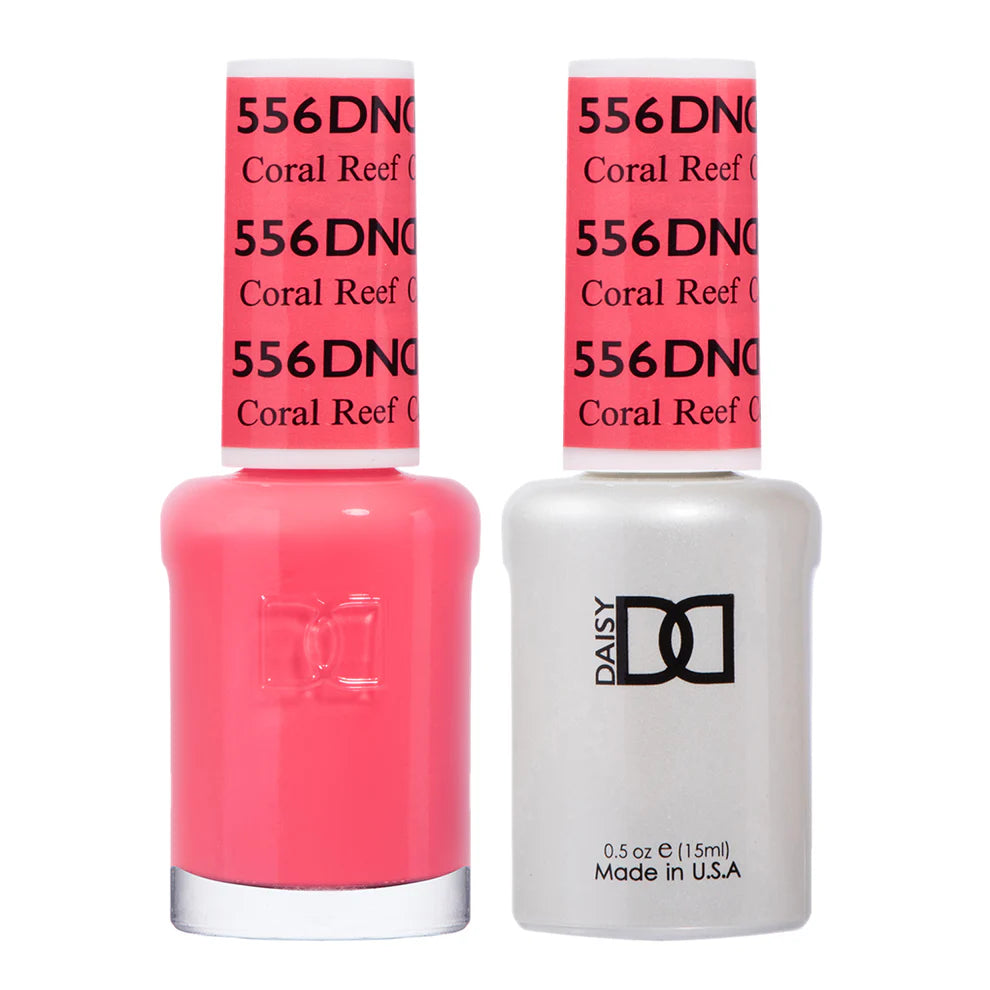 DND Daisy Gel Duo Coral Reef gel nail polish and lacquer set, featuring vibrant coral color and glossy finish.