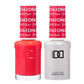 DND Daisy Gel Duo with DND Red #563 gel nail polish and lacquer, showing vibrant red color on smooth nail surface.