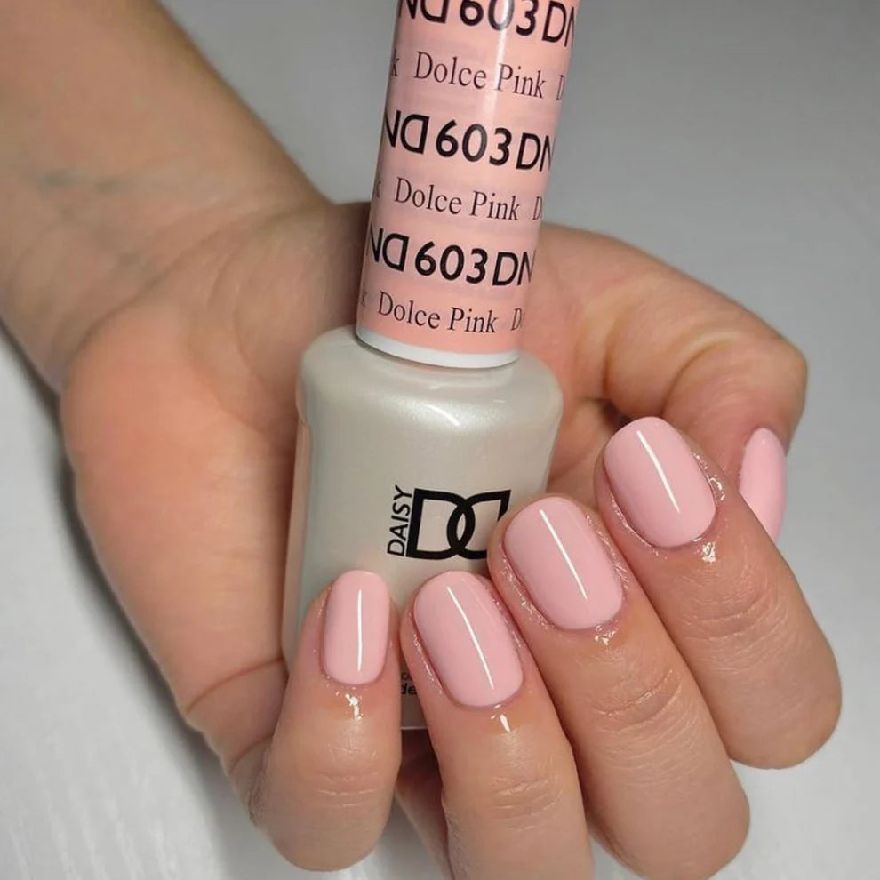 DND Daisy Gel Duo Dolce Pink #603 featuring swatch of gel nail polish and lacquer in vibrant pink shade