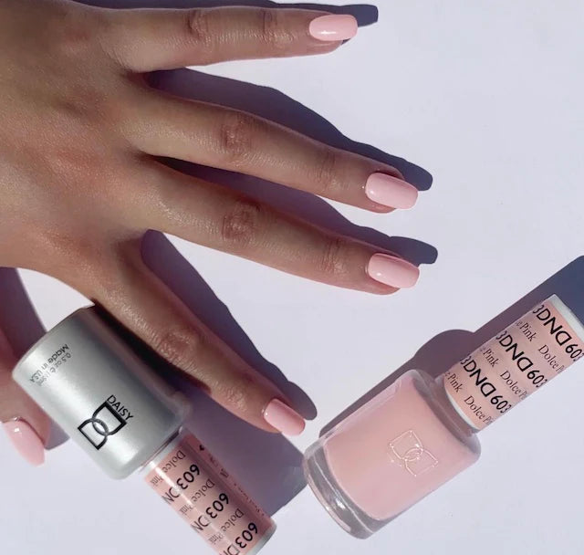 DND Daisy Gel Duo in Dolce Pink #603, featuring a gel nail polish and lacquer with a vibrant pink shade and floral design.