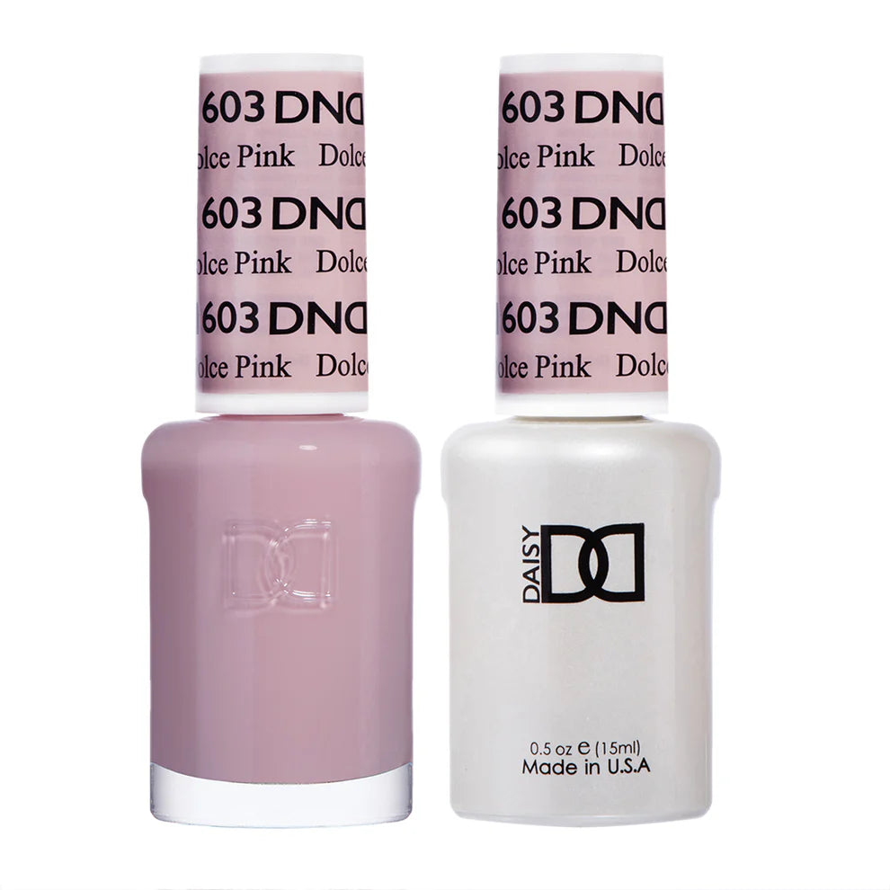 DND Daisy Gel Duo Dolce Pink #603 featuring a vibrant pink gel nail polish and lacquer set with floral design accents